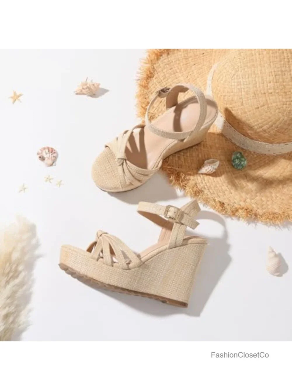 Wedge Heels Sandals Open Toe Platform Espadrilles, Linen Straw, Adjustable